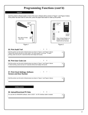 Page 2323 
; 5 5 : 
; 5 7 :  57. Print Clock Settings, Software 
Version and Door Number
 
  
55. Print Audit Trail  
; 5 6 :  56. Print User Code List  
; 5 8 : 58. Upload/Download PC Data 
Hold the printer over the locks infrared sensor as shown in Figure 1 and Figure 2 above.  
Twenty (20) events will print at a time; press 1 for more events, or 9 to quit.  To abort 
printing, press any key for 3 seconds (three short beeps will sound). 
Hold the printer over the locks infrared sensor as shown in Figure 1 and...