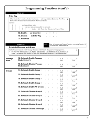Page 2525 
Scheduled Passage and Group 
Use the functions below to enable Passage Mode and enable/disable Groups at the time programmed. 
•For day enter: 1 for Sunday, 2 for Monday, 3 for Tuesday, 4 for Wednesday, 5 for Thursday, 6 for Friday, 7 for Saturday, 8 for Monday to Friday, 9 for Saturday and Sunday, and 0 for all days of week. 
SCHEDULES 
74. Schedule Enable Group 1 ; 7 4      ; [ _ ]           ; [ _ _ _ _ ] : 
                                         (Day)                                (Time) 
75....