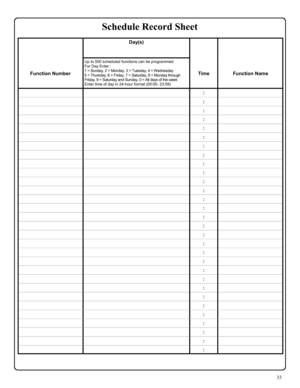 Page 3333 
 Day(s)  
 
   
 
 
Function Number Up to 500 scheduled functions can be programmed.   
For Day Enter : 
1 = Sunday, 2 = Monday, 3 = Tuesday, 4 = Wednesday 
5 = Thursday, 6 = Friday, 7 = Saturday, 8 = Monday through 
Friday, 9 = Saturday and Sunday, 0 = All days of the week 
Enter time of day in 24-hour format (00:00- 23:59)  
 
Time  
 
Function Name 
  :  
  :  
  :  
  :  
  :  
  :  
  :  
  :  
  :  
  :  
  :  
  :  
  :  
  :  
  :  
  :  
  :  
  :  
  :  
  :  
  :  
  :  
  :  
  :  
  :...