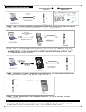 Page 1010 
 
NOTE:  
The AL-PCI cable is designed to be used on a 9 pin serial COM port.  If your computer has a 25 pin COM port, a 25 pin to 9 pin adapter must be used.   
Warning:  Polarity MUST be observed when connecting cables to the lock.  The tab (-) must plug into the negative (black) hole. 
DB9 to DB9 Serial 
Cable (supplied) 
Scenario 3   Enroll ProxCards® quickly into DL-Windows, then transfer this new ProxCard® data from the computer through the AL-PRE 
to the lock (thus avoiding the need to use an...