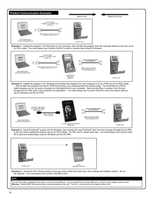 Page 1010 
DB9 to DB9 Serial 
Cable (supplied) 
Scenario 3   Enroll ProxCards® quickly into DL-Windows, then transfer this new ProxCard® data from the computer through the AL-PRE 
to the lock (thus avoiding the need to use an AL-PCI2 cable).  For PDL and PL series locks only.  You must always use Function Card 
#2 to send and receive data using DL-Windows and the AL-PRE. 
IBM COMPATABLE  
LAPTOP OR DESKTOP PC 
CONNECT DB9 CABLE 
TO COMPUTER SERIAL 
PORT (COM 1-4) 
AL-PRE PROXCARD READER/
ENROLLER 
NOTE:...