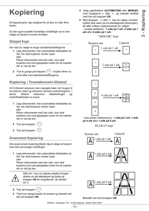 Page 20- 15 -
3 - Kopiering
Kopiering
Dit apparat giver dig mulighed for at lave en eller flere 
kopier.
Du kan også opsætte forskellige indstillinger så du kan 
vælge at kopiere til andre formater.
Simpel kopi
Her skal du vælge at bruge standardi ndstillingerne.
1 Læg dokumentet i den automatiske fødebakke så 
det, der skal kopieres vender opad.  
eller  
Placer dokumentet med den side, som skal 
kopieres ned mod glaspladen inden for de mærker 
der er vist på den.
2 Tryk to gange på knappen  . Kopien bliver nu...