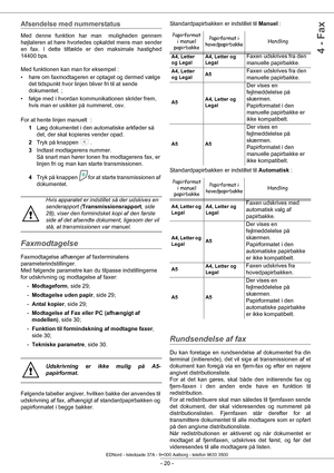 Page 25 
- 20 -
4 - Fax
Afsendelse med nummerstatus 
Med denne funktion har man  muligheden gennem 
højtaleren at høre hvorledes opkaldet mens man sender 
en fax. I dette tilfælde er den maksimale hastighed 
14400 bps.
Med funktionen kan man for eksempel :
• høre om faxmodtageren er optaget og dermed vælge det tidspunkt hvor linjen bliver fri til at sende 
dokumentet. ;
• følge med i hvordan kommunikationen skrider frem,  hvis man er usikker på nummeret, osv.
For at hente linjen manuelt  : 1Læg dokumentet i den...