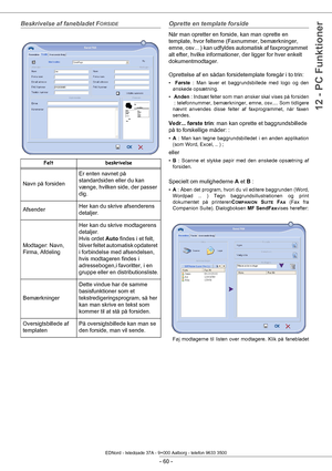 Page 65 
- 60 -
12 - PC Funktioner
Beskrivelse af fanebladet FORSIDE Oprette en template forside
Når man opretter en forside, kan man oprette en 
template, hvor felterne (Faxnummer, bemærkninger, 
emne, osv... ) kan udfyldes automatisk af faxprogrammet 
alt efter, hvilke informationer, der ligger for hver enkelt 
dokumentmodtager.
Oprettelse af en sådan forsidetemplate foregår i to trin: 
• Første  : Man laver et baggrundsbillede med logo og den 
ønskede opsætning.
•  Anden  : Indsæt felter som man ønsker skal...