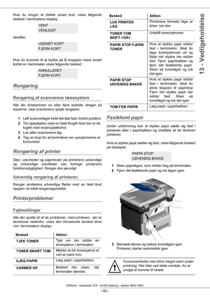 Page 70- 65 -
13 - Vedligeholdelse
Hvis du bruger et defekt smart kort, vises følgende 
besked i terminalens display:
derefter,
Hvis du kommer til at trykke på C knappen mens smart 
kortet er i terminalen vises følgende besked :
Rengøring
Rengøring af sca nnerens læsesystem
Når der forekommer en eller flere lodrette streger på 
kopierne, skal scannerens spejle rengøres.
1Løft scannerlåget indtil det står fast i lodret position.
2 Tør glaspladen med en blød fnugfri klud der er let 
fugtet med isopropylalkohol.
3...