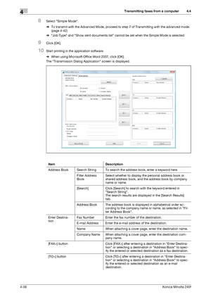 Page 104Transmitting faxes from a computer4
4-38Konica Minolta 240f
4.4
8Select Simple Mode.
%To transmit with the Advanced Mode, proceed to step 7 of Transmitting with the advanced mode. 
(page 4-42)
%Job Type and Show sent documents list cannot be set when the Simple Mode is selected.
9Click [OK].
10Start printing in the application software.
%When using Microsoft Office Word 2007, click [OK].
The Transmission Dialog Application screen is displayed.
Item Description
Address Book Search String To search the...