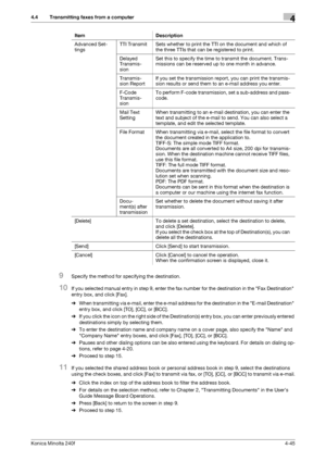 Page 111Konica Minolta 240f4-45
4.4 Transmitting faxes from a computer4
9Specify the method for specifying the destination.
10If you selected manual entry in step 9, enter the fax number for the destination in the Fax Destination 
entry box, and click [Fax].
%When transmitting via e-mail, enter the e-mail address for the destination in the E-mail Destination 
entry box, and click [TO], [CC], or [BCC].
%If you click the icon on the right side of the Destination(s) entry box, you can enter previously entered...