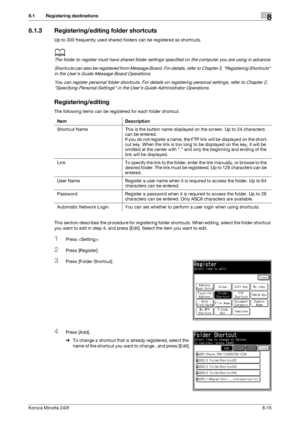 Page 223Konica Minolta 240f8-15
8.1 Registering destinations8
8.1.3 Registering/editing folder shortcuts
Up to 300 frequently used shared folders can be registered as shortcuts.
d
The folder to register must have shared folder settings specified on the computer you are using in advance.
Shortcuts can also be registered from Message Board. For details, refer to Chapter 3, Registering Shortcuts 
in the User’s Guide Message Board Operations.
You can register personal folder shortcuts. For details on registering...