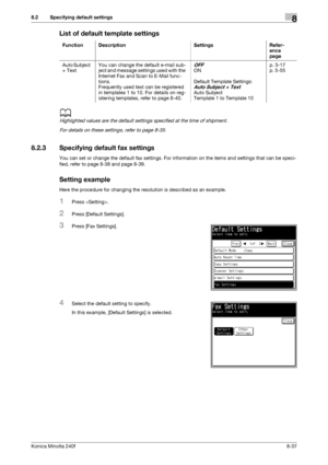 Page 245Konica Minolta 240f8-37
8.2 Specifying default settings8
List of default template settings
d
Highlighted values are the default settings specified at the time of shipment.
For details on these settings, refer to page 8-35. 
8.2.3 Specifying default fax settings
You can set or change the default fax settings. For information on the items and settings that can be speci-
fied, refer to page 8-38 and page 8-39.
Setting example
Here the procedure for changing the resolution is described as an example.
1Press...