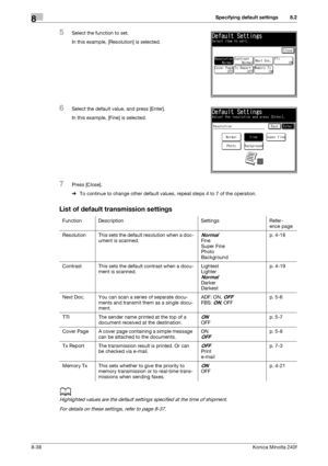 Page 246Specifying default settings8
8-38Konica Minolta 240f
8.2
5Select the function to set.
In this example, [Resolution] is selected.
6Select the default value, and press [Enter].
In this example, [Fine] is selected.
7Press [Close].
%To continue to change other default values, repeat steps 4 to 7 of the operation.
List of default transmission settings
d
Highlighted values are the default settings specified at the time of shipment.
For details on these settings, refer to page 8-37. 
Function Description...