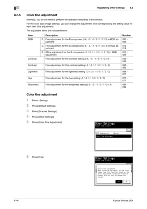Page 254Registering other settings8
8-46Konica Minolta 240f
8.3
8.3.5 Color fine adjustment
Normally, you do not need to perform the operation described in this section.
For the color scan image settings, you can change the adjustment level corresponding the setting value for 
each item (fine adjustment).
The adjustable items are indicated below.
Color fine adjustment
1Press .
2Press [Default Settings].
3Press [Scanner Settings].
4Press [Other Settings].
5Press [Color Fine Adjustment].
6Press [Yes]. Item...