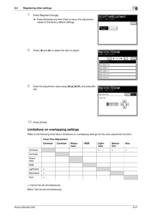 Page 255Konica Minolta 240f8-47
8.3 Registering other settings8
7Press [Register/Change].
%Press [Initialize] and then [Yes] to return the adjustment 
values to the factory default settings.
8Press [*] and [)] to select the item to adjust.
9Enter the adjustment value using [*] [+] [)][,], and press [En-
ter]. 
10Press [Close].
Limitations on overlapping settings
Refer to the following chart about limitations on overlapping settings for the color adjustment function.
e: Cannot be set simultaneously
Blank: Can be...