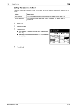 Page 95Konica Minolta 240f4-29
4.2 Basic faxing4
Setting the reception method
In addition to setting the reception mode, you can also set manual reception or automatic reception on the 
screen.
1Press .
2Press [Advanced].
3Press [Auto Rx].
%Auto reception is enabled / disabled each time you press 
[Auto Rx].
%Select [ON] to set automatic reception or [OFF] to set man-
ual reception.
4Press [Close]. Option Description
Auto reception This method automatically receives faxes. For details, refer to page 4-25....