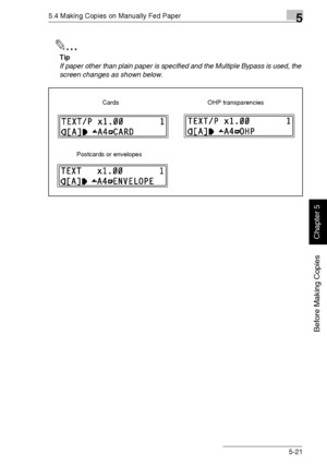 Page 1105.4 Making Copies on Manually Fed Paper5
Di1611/Di2011 5-21
Before Making Copies
Chapter 5
✎
Tip
If paper other than plain paper is specified and the Multiple Bypass is used, the 
screen changes as shown below.
Cards OHP transparencies
Postcards or envelopes
Downloaded From ManualsPrinter.com Manuals 