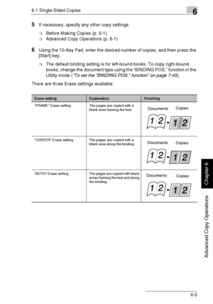 Page 1346.1 Single-Sided Copies6
Di1611/Di2011 6-5
Advanced Copy Operations
Chapter 6
5If necessary, specify any other copy settings.
❍Before Making Copies (p. 5-1)
❍Advanced Copy Operations (p. 6-1)
6Using the 10-Key Pad, enter the desired number of copies, and then press the 
[Start] key.
❍The default binding setting is for left-bound books. To copy right-bound 
books, change the document type using the “BINDING POS.” function in the 
Utility mode (“To set the “BINDING POS.” function” on page 7-45).
There are...