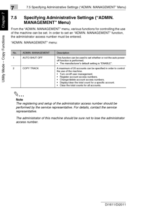 Page 17977.5 Specifying Administrative Settings (“ADMIN. MANAGEMENT” Menu)
7-26 Di1611/Di2011
Utility Mode – Copy Functions
Chapter 7
7.5 Specifying Administrative Settings (“ADMIN. 
MANAGEMENT” Menu)
From the “ADMIN. MANAGEMENT” menu, various functions for controlling the use 
of the machine can be set. In order to set an “ADMIN. MANAGEMENT” function, 
the administrator access number must be entered.
“ADMIN. MANAGEMENT” menu:
✎
Note
The registering and setup of the administrator access number should be...