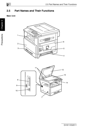 Page 3522.5 Part Names and Their Functions
2-10 Di1611/Di2011
Precautions
Chapter 2
2.5 Part Names and Their Functions
Main Unit
1
2
36
4
5
12
13
14
11
8
9
10
7
Downloaded From ManualsPrinter.com Manuals 