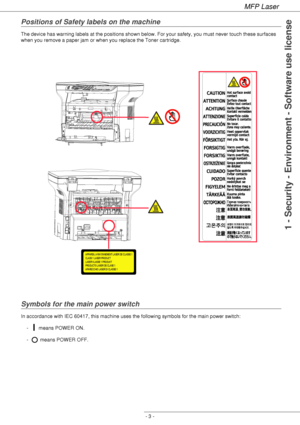 Page 7
MFP Laser
- 3 -
1 - Security - Environment - Software use license
Positions of Safety labels on the machine
The device has warning labels at the positions shown below. For your safety, you must never touch these surfaces 
when you remove a paper jam or when you replace the Toner cartridge.
Symbols for the main power switch
In accordance with IEC 60417, this machine uses the following symbols for the main power switch:-  means POWER ON.
-  means POWER OFF.
Downloaded From ManualsPrinter.com Manuals 