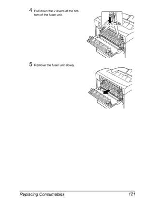 Page 131Replacing Consumables 121
4Pull down the 2 levers at the bot-
tom of the fuser unit.
5Remove the fuser unit slowly.
Downloaded From ManualsPrinter.com Manuals 