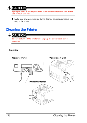 Page 150Cleaning the Printer 140
CAUTION
If you get toner in your eyes, wash it out immediately with cool water 
and consult a doctor.
„Make sure any parts removed during cleaning are replaced before you 
plug in the printer.
Cleaning the Printer
CAUTION
Be sure to turn off the printer and unplug the power cord before 
cleaning.
Exterior
Control Panel Ventilation Grill
Printer Exterior
Downloaded From ManualsPrinter.com Manuals 