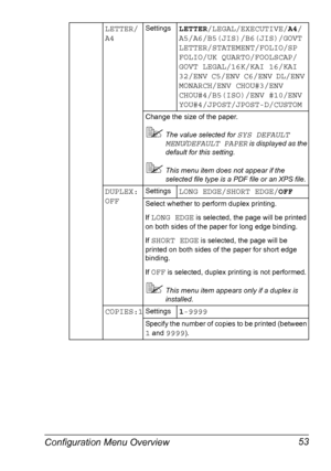 Page 63Configuration Menu Overview 53
LETTER/
A4SettingsLETTER/LEGAL/EXECUTIVE/A4/
A5/A6/B5(JIS)/B6(JIS)/GOVT 
LETTER/STATEMENT/FOLIO/SP 
FOLIO/UK QUARTO/FOOLSCAP/
GOVT LEGAL/16K/KAI 16/KAI 
32/ENV C5/ENV C6/ENV DL/ENV 
MONARCH/ENV CHOU#3/ENV 
CHOU#4/B5(ISO)/ENV #10/ENV 
YOU#4/JPOST/JPOST-D/CUSTOM
Change the size of the paper.
The value selected for SYS DEFAULT 
MENU
/DEFAULT PAPER is displayed as the 
default for this setting.
This menu item does not appear if the 
selected file type is a PDF file or an XPS...