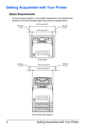 Page 12Getting Acquainted with Your Printer 2
Getting Acquainted with Your Printer
Space Requirements
To ensure easy operation, consumable replacement and maintenance, 
adhere to the recommended space requirements detailed below.
921.8 mm (36.3)
Front View with OptionsFront View
421.8 mm (16.6) 200 mm
(7.9
)300 mm
(11.8)
921.8 mm (36.3
)
421.8 mm (16.6
) 200 mm
(7.9
)300 mm
(11.8)
Downloaded From ManualsPrinter.com Manuals 