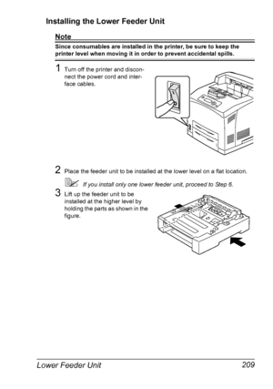 Page 219Lower Feeder Unit 209 Installing the Lower Feeder Unit
Note
Since consumables are installed in the printer, be sure to keep the 
printer level when moving it in order to prevent accidental spills.
1Turn off the printer and discon-
nect the power cord and inter-
face cables.
2Place the feeder unit to be installed at the lower level on a flat location.
If you install only one lower feeder unit, proceed to Step 6.
3Lift up the feeder unit to be 
installed at the higher level by 
holding the parts as shown...