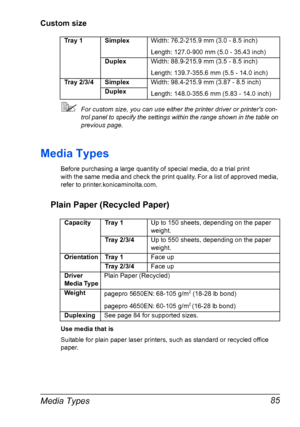 Page 95Media Types 85
Custom size
For custom size, you can use either the printer driver or printers con-
trol panel to specify the settings within the range shown in the table on 
previous page.
Media Types
Before purchasing a large quantity of special media, do a trial print 
with the same media and check the print quality. For a list of approved media, 
refer to printer.konicaminolta.com.
Plain Paper (Recycled Paper)
Use media that is
Suitable for plain paper laser printers, such as standard or recycled...