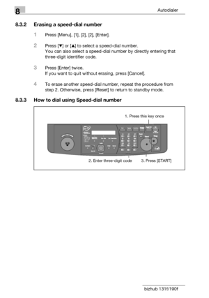 Page 1308Autodialer
8-14 bizhub 131f/190f
8.3.2 Erasing a speed-dial number
1Press [Menu], [1], [2], [2], [Enter].
2Press [,] or [+] to select a speed-dial number.
You can also select a speed-dial number by directly entering that 
three-digit identifier code.
3Press [Enter] twice.
If you want to quit without erasing, press [Cancel].
4To erase another speed-dial number, repeat the procedure from 
step 2. Otherwise, press [Reset] to return to standby mode.
8.3.3 How to dial using Speed-dial number
1. Press this...