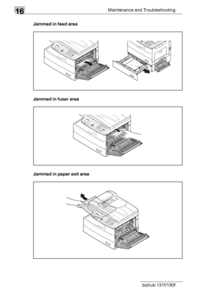 Page 19416Maintenance and Troubleshooting
16-16 bizhub 131f/190fJammed in feed area
Jammed in fuser area
Jammed in paper exit area
Downloaded From ManualsPrinter.com Manuals 