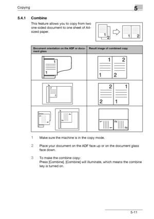 Page 93Copying5
bizhub 131f/190f 5-11
5.4.1 Combine
This feature allows you to copy from two 
one-sided document to one sheet of A4-
sized paper.
1Make sure the machine is in the copy mode.
2Place your document on the ADF face up or on the document glass 
face down.
3To make the combine copy: 
Press [Combine]. [Combine] will illuminate, which means the combine 
key is turned on.
Document orientation on the ADF or docu-
ment glassResult image of combined copy
Downloaded From ManualsPrinter.com Manuals 