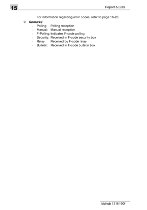 Page 17815Report & Lists
15-10 bizhub 131f/190fFor information regarding error codes, refer to page 16-26.
9.
Remarks 
-Polling: Polling reception
-Manual: Manual reception
-F-Polling: Indicates F-code polling
-Security: Received in F-code security box
-Relay: Received by F-code relay
-Bulletin: Received in F-code bulletin box
Downloaded From ManualsPrinter.com Manuals 