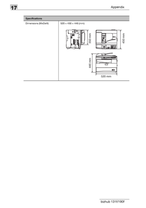 Page 21617Appendix
17-4 bizhub 131f/190f
Dimensions (WxDxH) 520 × 450 × 446 (mm)
Specifications
350 mm
450 mm 446 mm
520 mm
Downloaded From ManualsPrinter.com Manuals 