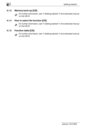 Page 704Getting started
4-6 bizhub 131f/190f
4.1.3 Memory back-up [CD]
For further information, see “4 Getting started” in the extended manual 
on the CD-R.
4.1.4 How to select the function [CD]
For further information, see “4 Getting started” in the extended manual 
on the CD-R.
4.1.5 Function table [CD]
For further information, see “4 Getting started” in the extended manual 
on the CD-R.
Downloaded From ManualsPrinter.com Manuals 