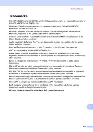 Page 116Safety and legal
107
A
TrademarksA
KONICA MINOLTA and the KONICA MINOLTA logo are trademarks or registered trademarks of 
KONICA MINOLTA HOLDINGS, INC.
bizhub and PageScope are trademarks or registered trademarks of KONICA MINOLTA 
BUSINESS TECHNOLOGIES, INC.
Microsoft, Windows, Windows Server and Internet Explorler are registered trademarks of 
Microsoft Corporation in the United States and/or other countries.
Windows Vista is either a registered trademark or a trademark of Microsoft Corporation in the...