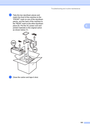 Page 160Troubleshooting and routine maintenance
151
C
jTake the two styrofoam pieces and 
match the front of the machine to the 
“FRONT” mark on one of the styrofoam 
pieces, and the back of the machine to 
the “REAR” mark on the other styrofoam 
piece (6). Put the AC power cord and 
printed materials in the original carton 
as shown below (7).
 
kClose the carton and tape it shut.
Downloaded From ManualsPrinter.com Manuals 