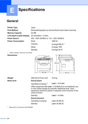 Page 181172
E
GeneralE
1Measured in accordance with ISO9296.
SpecificationsE
Printer TypeLaser
Print MethodElectrophotography by semiconductor laser beam scanning
Memory Capacity64 MB 
LCD (liquid crystal display)22 characters × 5 lines
Power Source220 - 240V 50/60Hz or 110 - 120V 50/60Hz
Power ConsumptionPeak: 1080 W
Copying:
Average 680 W
1
Sleep: Average 18W
Standby: Average 85 W
1When making a copy from one sheet
Dimensions 
WeightWith Drum/Toner Unit:  18.6 kg
Noise level Sound power
Operating (Copying)...