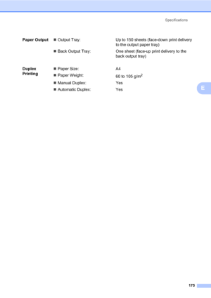 Page 184Specifications
175
E
Paper OutputOutput Tray: Up to 150 sheets (face-down print delivery 
to the output paper tray)
Back Output Tray: One sheet (face-up print delivery to the 
back output tray)
Duplex 
PrintingPaper Size: A4
Paper Weight:
60 to 105 g/m
2
Manual Duplex: Yes
Automatic Duplex: Yes
Downloaded From ManualsPrinter.com Manuals 