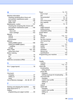 Page 200191
G
M
Machine information
checking remaining life of drum unit 
and periodic maintenance parts
 .......... 148
page counts
 ........................................ 148
status LED
 .............................................. 6
Maintenance, routine
 ............................. 137
checking the remaining life of drum unit 
and periodic maintenance parts
 .......... 148
replacing
drum unit
 .......................................... 145
toner cartridge
 .................................. 143
Manual...