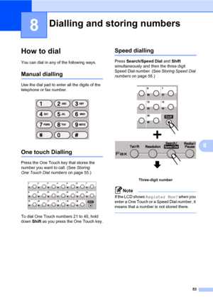 Page 6253
8
8
How to dial8
You can dial in any of the following ways.
Manual dialling8
Use the dial pad to enter all the digits of the 
telephone or fax number.
 
One touch Dialling8
Press the One Touch key that stores the 
number you want to call. (See Storing 
One Touch Dial numbers on page 55.)
 
To dial One Touch numbers 21 to 40, hold 
down Shift as you press the One Touch key.
Speed dialling8
Press Search/Speed Dial and Shift 
simultaneously and then the three digit 
Speed Dial number. (See Storing Speed...