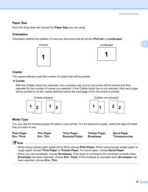 Page 45Driver and Software
35
3
Paper Size3
From the drop-down list choose the Paper Size you are using.
Orientation3
Orientation selects the position of how your document will be printed (Portrait or Landscape).
Copies3
The copies selection sets the number of copies that will be printed.
„Collate
With the Collate check box selected, one complete copy of your document will be printed and then 
repeated for the number of copies you selected. If the Collate check box is not selected, then each page 
will be...