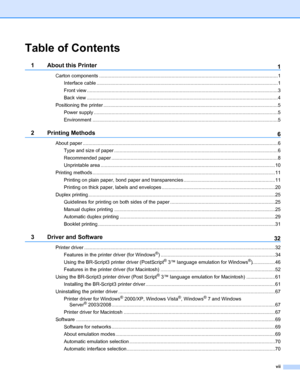 Page 8vii
Table of Contents
1 About this Printer
1
Carton components ...................................................................................................................................1
Interface cable .....................................................................................................................................1
Front view ............................................................................................................................................3
Back view...