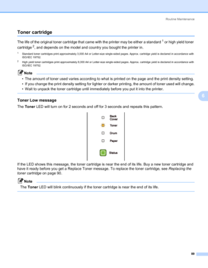 Page 99Routine Maintenance
89
6
Toner cartridge6
The life of the original toner cartridge that came with the printer may be either a standard1 or high yield toner 
cartridge
2, and depends on the model and country you bought the printer in.
1Standard toner cartridges print approximately 3,000 A4 or Letter-size single-sided pages. Approx. cartridge yield is declared in accordance with 
ISO/IEC 19752.
2High yield toner cartridges print approximately 8,000 A4 or Letter-size single-sided pages. Approx. cartridge...