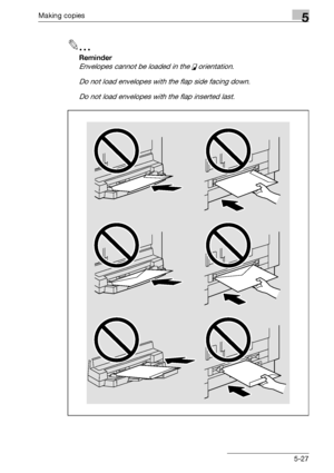 Page 127Making copies5
bizhub 163/211 5-27
2
Reminder 
Envelopes cannot be loaded in the v orientation.
Do not load envelopes with the flap side facing down.
Do not load envelopes with the flap inserted last.
Downloaded From ManualsPrinter.com Manuals 