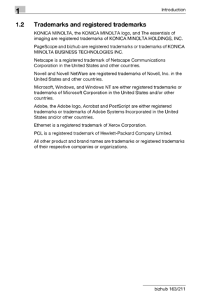 Page 161Introduction
1-4 bizhub 163/211
1.2 Trademarks and registered trademarks
KONICA MINOLTA, the KONICA MINOLTA logo, and The essentials of 
imaging are registered trademarks of KONICA MINOLTA HOLDINGS, INC.
PageScope and bizhub are registered trademarks or trademarks of KONICA 
MINOLTA BUSINESS TECHNOLOGIES INC.
Netscape is a registered trademark of Netscape Communications 
Corporation in the United States and other countries.
Novell and Novell NetWare are registered trademarks of Novell, Inc. in the...