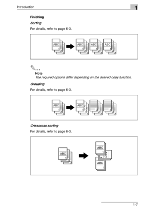 Page 19Introduction1
bizhub 163/211 1-7Finishing
Sorting
For details, refer to page 6-3.
2
Note 
The required options differ depending on the desired copy function.
Grouping
For details, refer to page 6-3.
Crisscross sorting
For details, refer to page 6-3.
32
ABC
1
32
ABC
1
32
ABC
1
32
ABC
1
2
ABC
1
ABC
132
ABC
1
ABC
122
333
32
ABC
1
ABC
1
ABC
1
ABC
1
Downloaded From ManualsPrinter.com Manuals 