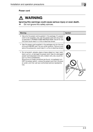 Page 31Installation and operation precautions2
bizhub 163/211 2-5Power cord
7 WARNING
Ignoring this warnings could cause serious injury or even death.
%Do not ignore this safety advices.
WarningSymbol
• Use only the power cord supplied in the package. If a power 
cord is not supplied, only use the power cord and plug that 
is specified in POWER CORD INSTRUCTION. Failure to use 
this cord could result in a fire or electrical shock.
• Use the power cord supplied in the package only for this ma-
chine and NEVER...