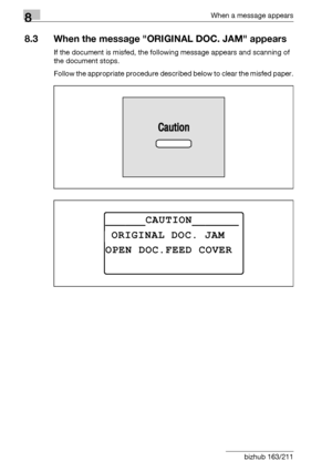 Page 3068When a message appears
8-18 bizhub 163/211
8.3 When the message ORIGINAL DOC. JAM appears
If the document is misfed, the following message appears and scanning of 
the document stops.
Follow the appropriate procedure described below to clear the misfed paper.
______CAUTION_______
OPEN DOC.FEED COVER
 ORIGINAL DOC. JAM
Downloaded From ManualsPrinter.com Manuals 