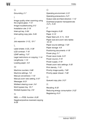 Page 34411Index
11-4 bizhub 163/211
G
Grounding 2-7
I
Image quality when scanning using 
the original glass
 7-13
Image troubleshooting 9-3
Installation site 2-19
Interrupt key 5-64
Interrupting copy jobs 5-64
J
Job separator 3-12, 10-7
L
Label sheets 5-23, 5-38
LCD contrast 7-16
LDAP setting 7-37
Legal restrictions on copying 1-14
Lengthwise 1-13
Loading paper 4-9
M
Machine counters 5-66
Machine settings 7-6
Manual conventions 1-10
Manual zoom ratio setting 5-57
Messages 8-21
Misfeed-clearing cover 3-9
Multi...