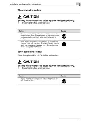 Page 37Installation and operation precautions2
bizhub 163/211 2-11When moving the machine
7 CAUTION 
Ignoring this cautions could cause injury or damage to property.
%Do not ignore this safety advices.
Before successive holidays
When the optional Fax Kit FK-506 is not installed:
7 CAUTION 
Ignoring this cautions could cause injury or damage to property.
%Do not ignore this safety advices.
CautionSymbol
• Whenever moving this product, be sure to disconnect the 
power cord and other cables. Failure to do this...